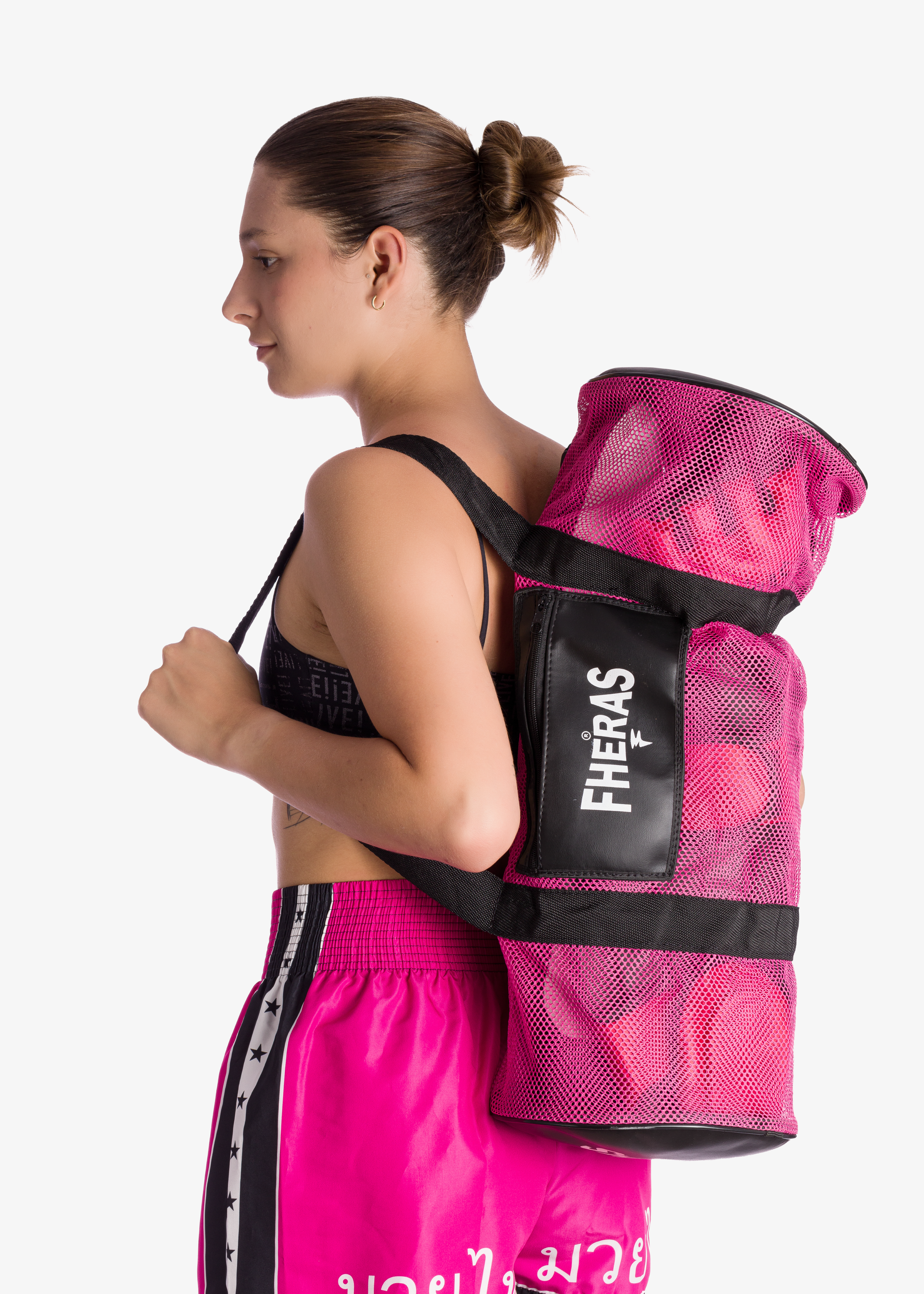 Bolsa redonda rosa e preta